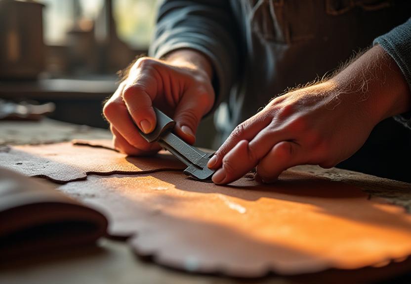 Artisan measuring leather width with precision calipers in a sunlit studio