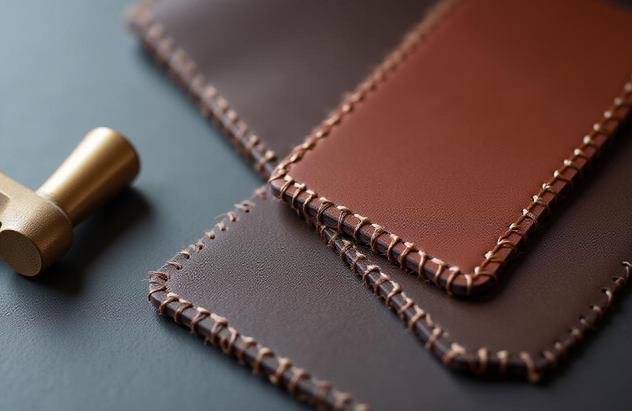 Close up detail of high-quality leather stitching and artisan tools