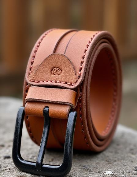Rugged tan leather belt with heavy stitching
