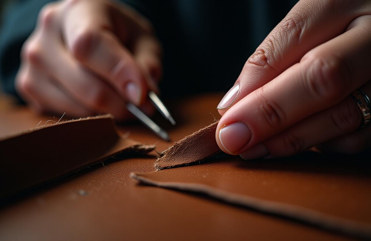 Artisan working on a bespoke leather belt with premium tools