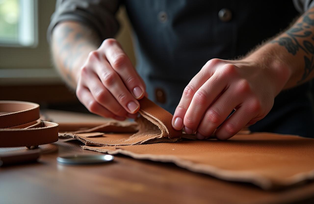 Artisan hands repairing a vintage leather belt edge
