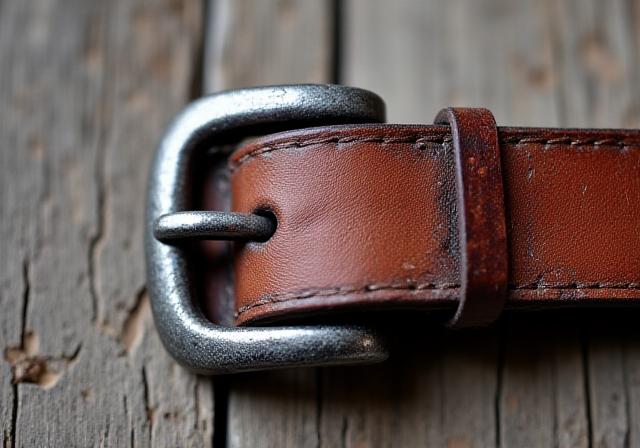 Vintage worn belt with cracked edges and dull buckle