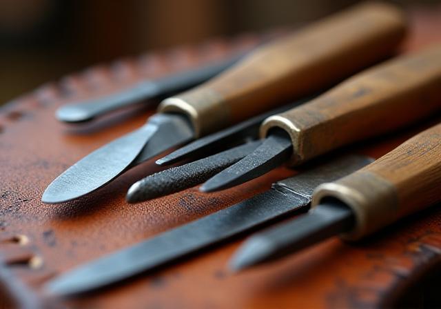 Traditional leatherworking tools on a wooden bench