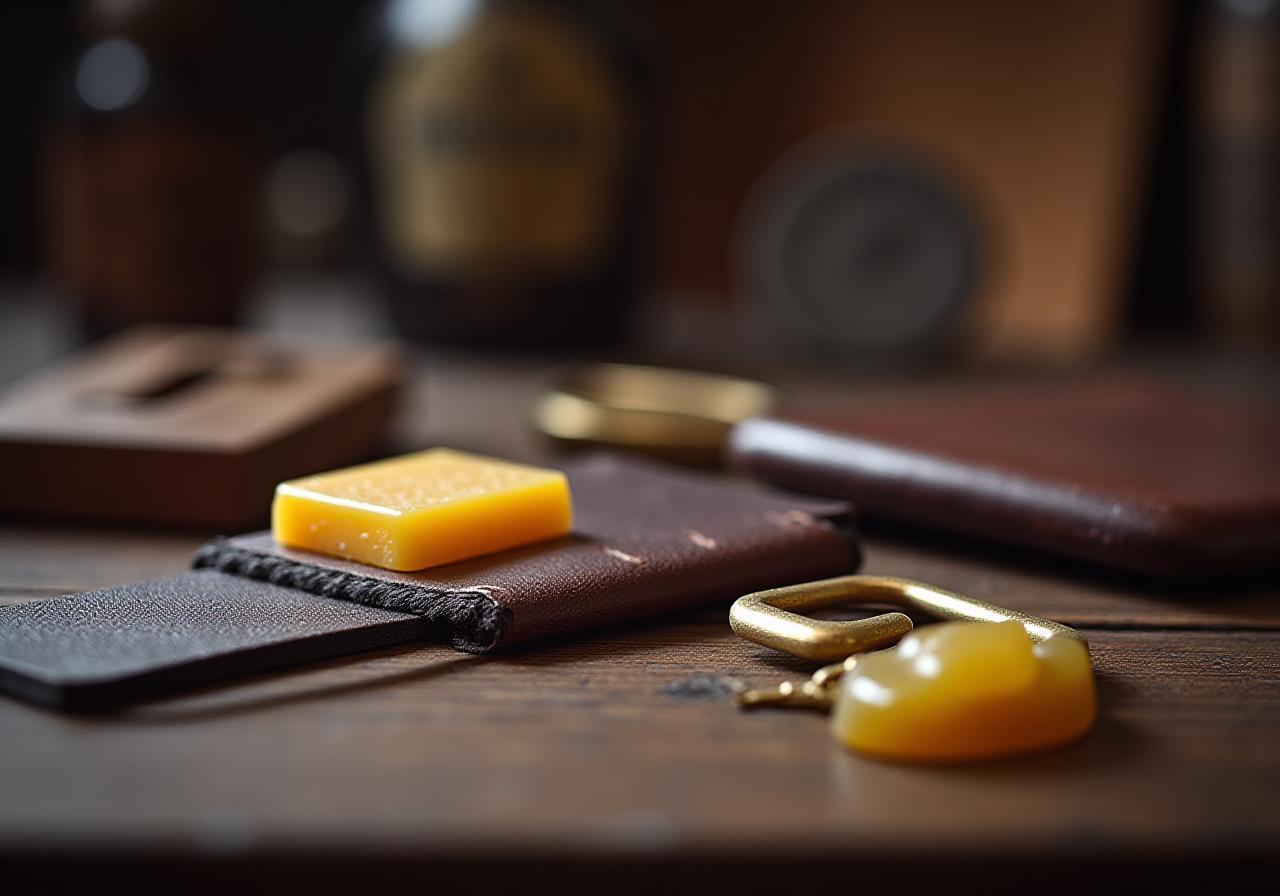 Close-up of traditional leather working tools and premium brass buckles on an oak workbench