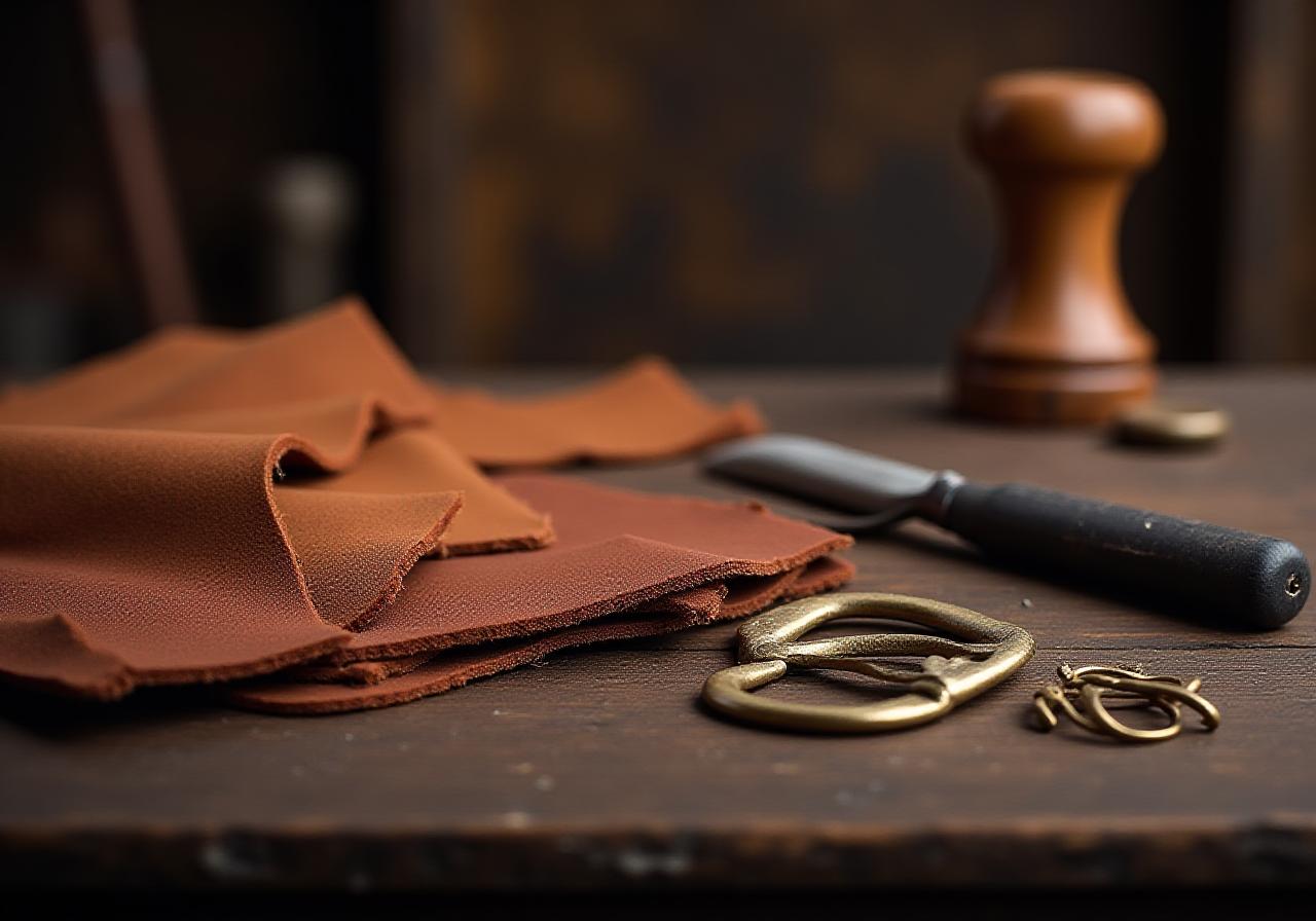 Close up of artisanal leather tools and materials