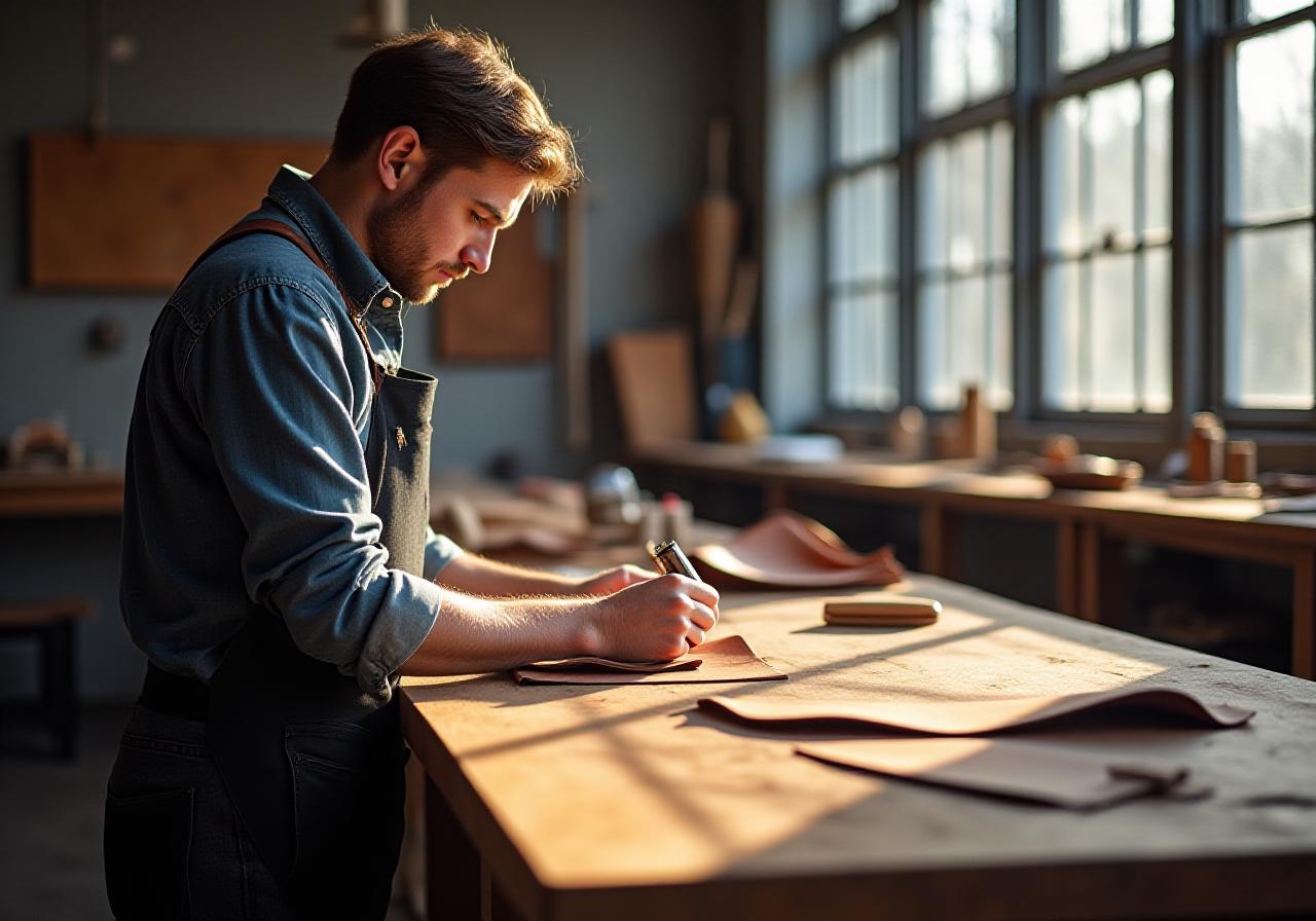 NY-based artisan working at a traditional leather crafting bench